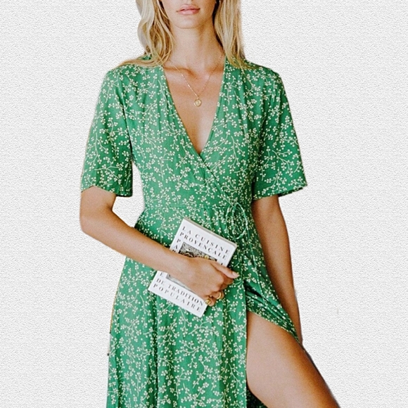 Faithfull the Brand Short Sleeve Dainty Floral Print Green Wrap Dress Size 12 - Picture 2 of 9